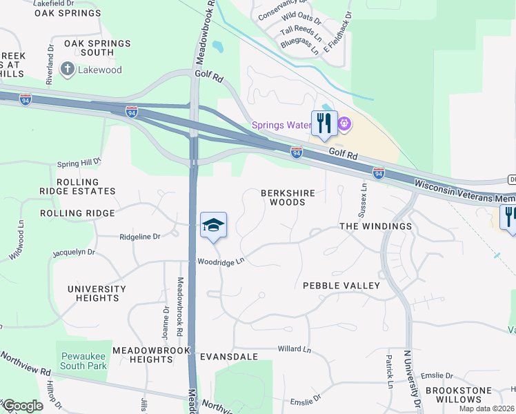 map of restaurants, bars, coffee shops, grocery stores, and more near 2847 Coventry Lane in Waukesha