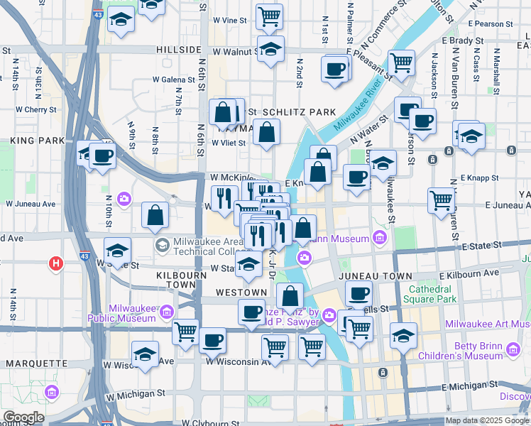map of restaurants, bars, coffee shops, grocery stores, and more near 1141 North Doctor Martin Luther King Junior Drive in Milwaukee