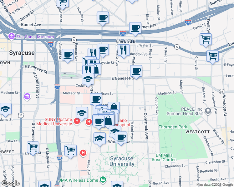 map of restaurants, bars, coffee shops, grocery stores, and more near University Avenue in Syracuse