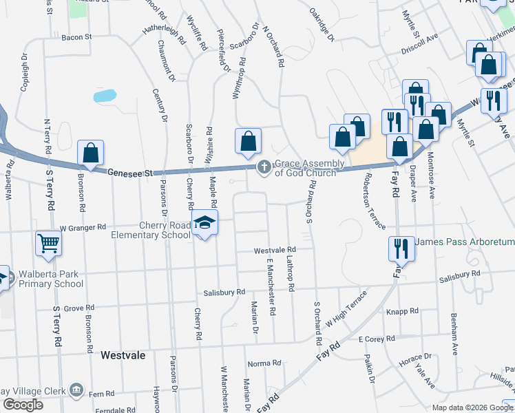 map of restaurants, bars, coffee shops, grocery stores, and more near 132 East Manchester Road in Syracuse