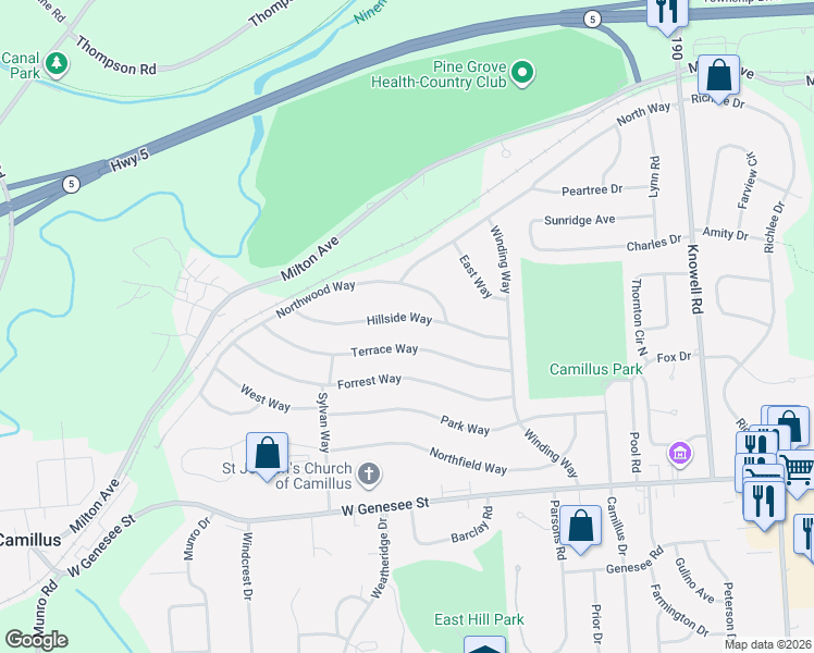 map of restaurants, bars, coffee shops, grocery stores, and more near 136 Hillside Way in Camillus