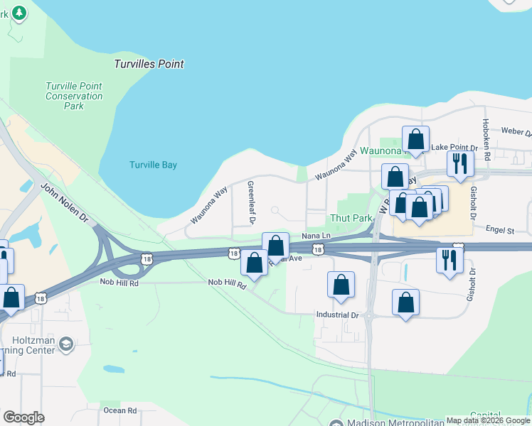 map of restaurants, bars, coffee shops, grocery stores, and more near 18 Quinn Circle in Madison