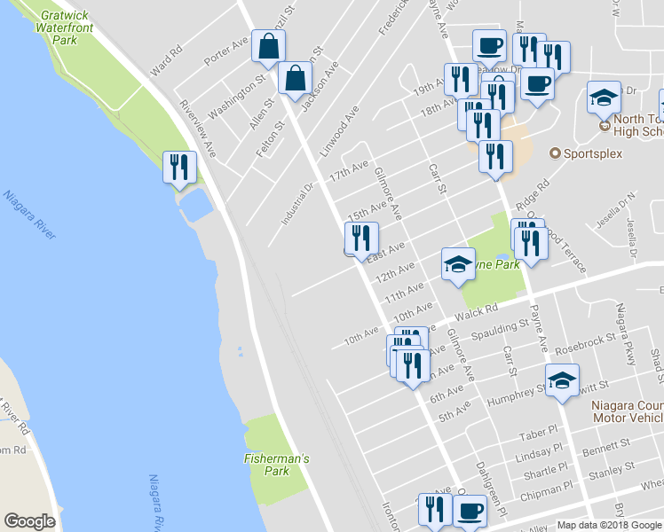 map of restaurants, bars, coffee shops, grocery stores, and more near 874 Oliver Street in North Tonawanda