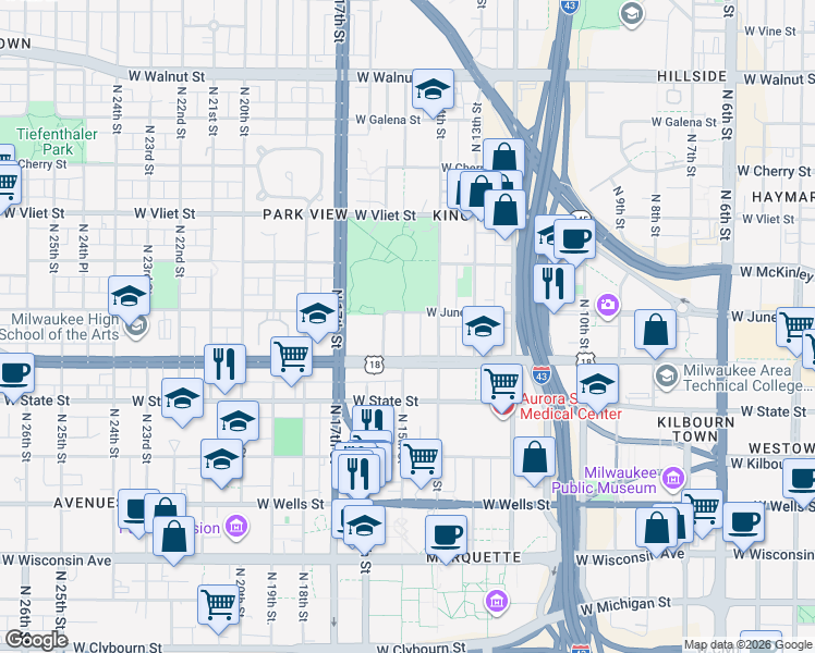 map of restaurants, bars, coffee shops, grocery stores, and more near 1142 North 15th Street in Milwaukee