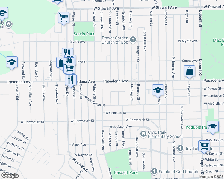 map of restaurants, bars, coffee shops, grocery stores, and more near 1802 Parkfront Drive in Flint