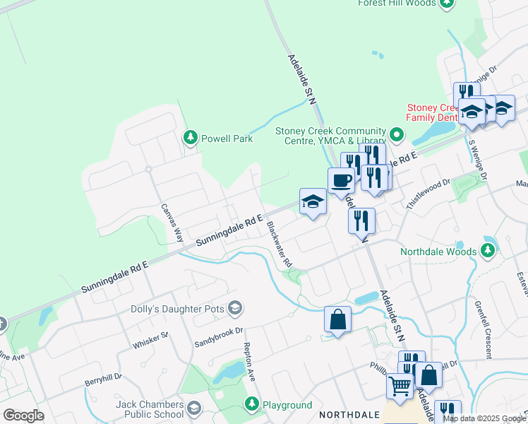 map of restaurants, bars, coffee shops, grocery stores, and more near 660 Sunningdale Road East in London