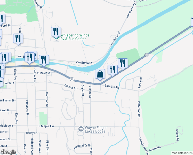map of restaurants, bars, coffee shops, grocery stores, and more near 105 Lyons Street in Newark