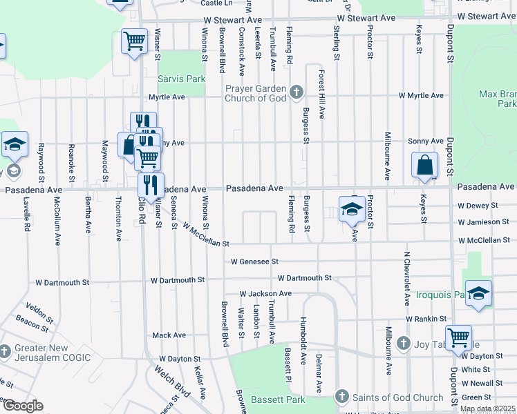 map of restaurants, bars, coffee shops, grocery stores, and more near 1802 Parkfront Drive in Flint