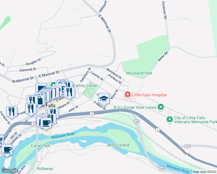 map of restaurants, bars, coffee shops, grocery stores, and more near 75 Loomis Street in Little Falls