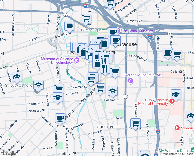 map of restaurants, bars, coffee shops, grocery stores, and more near 100 East Onondaga Street in Syracuse