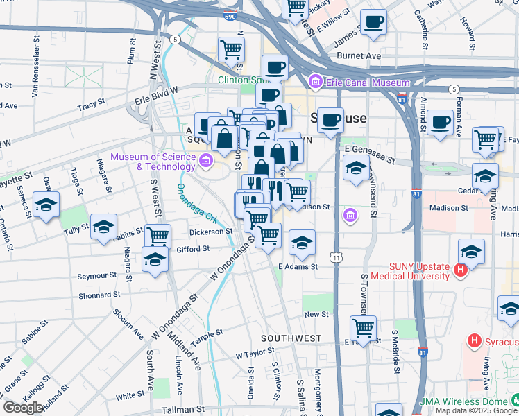 map of restaurants, bars, coffee shops, grocery stores, and more near in Syracuse