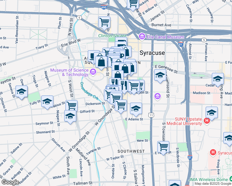 map of restaurants, bars, coffee shops, grocery stores, and more near in Syracuse