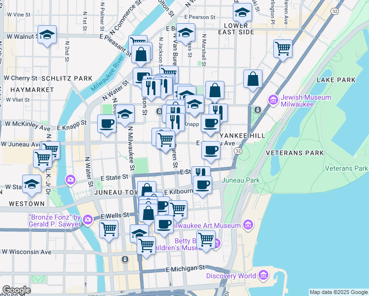map of restaurants, bars, coffee shops, grocery stores, and more near 723 East Juneau Avenue in Milwaukee