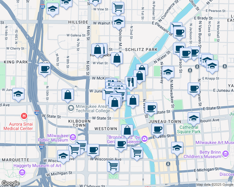 map of restaurants, bars, coffee shops, grocery stores, and more near 311 West Juneau Avenue in Milwaukee