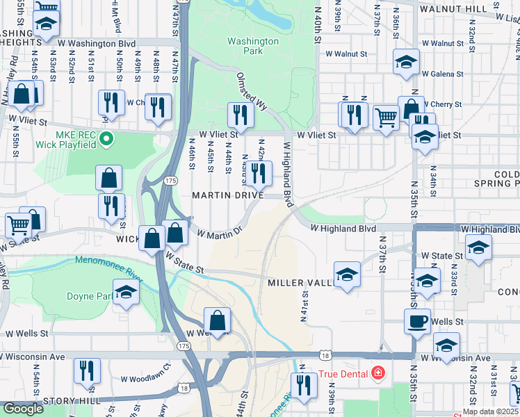 map of restaurants, bars, coffee shops, grocery stores, and more near 4223 West Martin Drive in Milwaukee