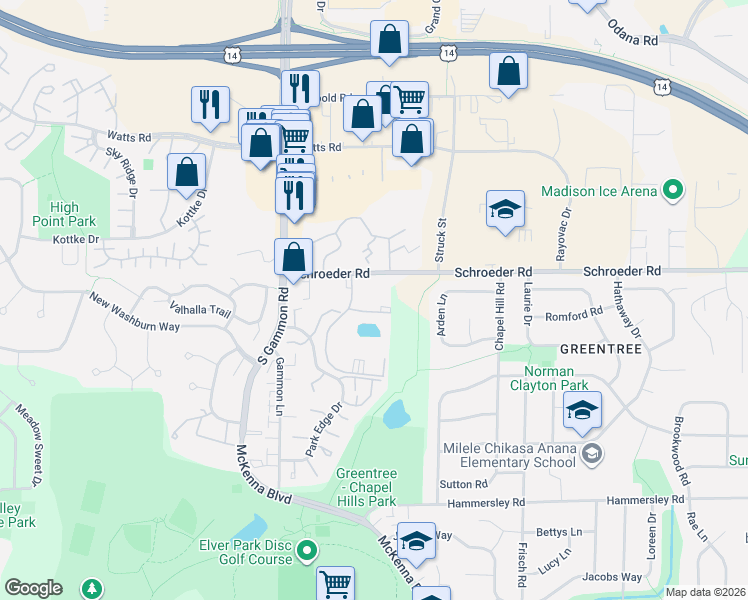 map of restaurants, bars, coffee shops, grocery stores, and more near 6701 Schroeder Road in Madison
