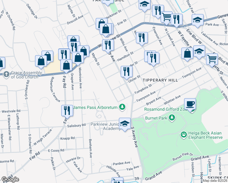 map of restaurants, bars, coffee shops, grocery stores, and more near 721 Ulster Street in Syracuse