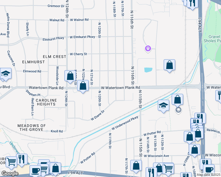 map of restaurants, bars, coffee shops, grocery stores, and more near 11829 West Watertown Plank Road in Wauwatosa