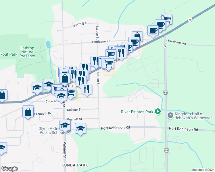map of restaurants, bars, coffee shops, grocery stores, and more near 1419 Station Street in Pelham