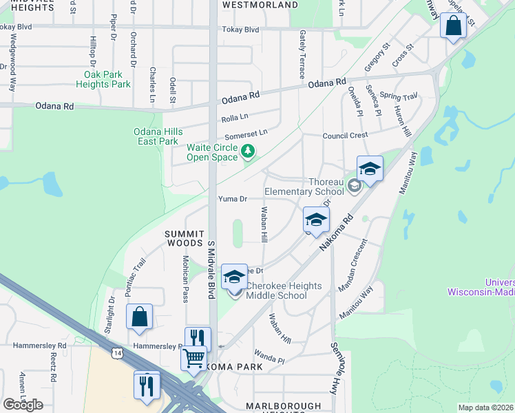 map of restaurants, bars, coffee shops, grocery stores, and more near 902 Waban Hill in Madison