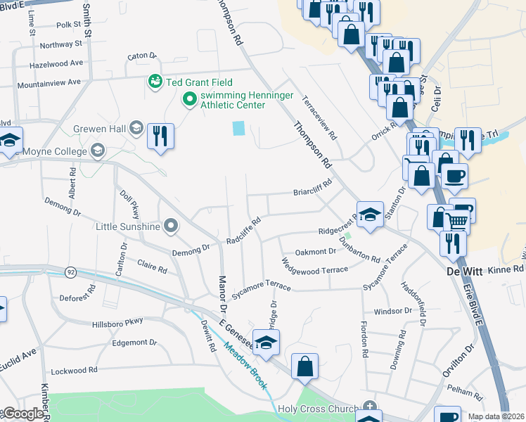 map of restaurants, bars, coffee shops, grocery stores, and more near 305 Radcliffe Road in Syracuse