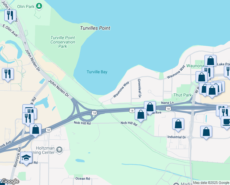 map of restaurants, bars, coffee shops, grocery stores, and more near 3036 Waunona Way in Madison