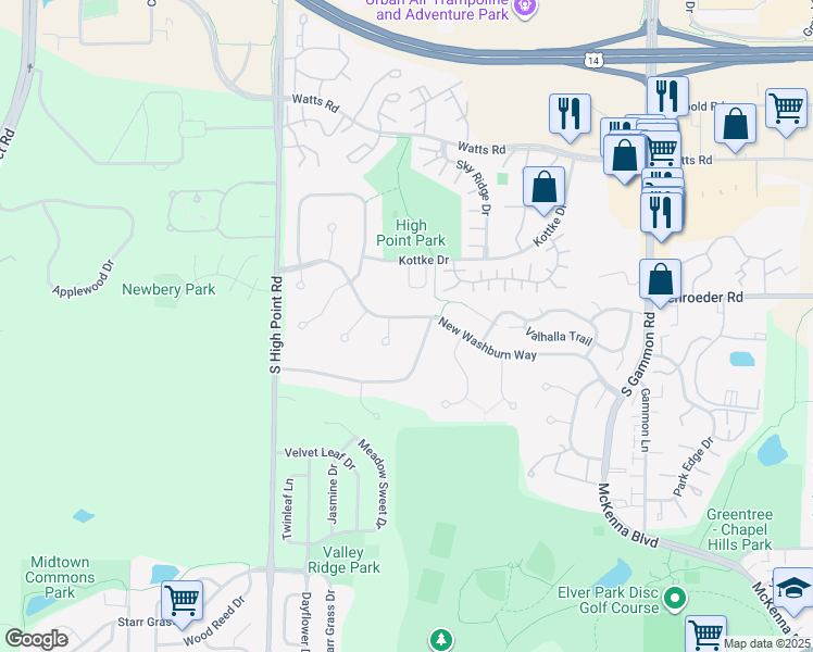 map of restaurants, bars, coffee shops, grocery stores, and more near 7421 New Washburn Way in Madison