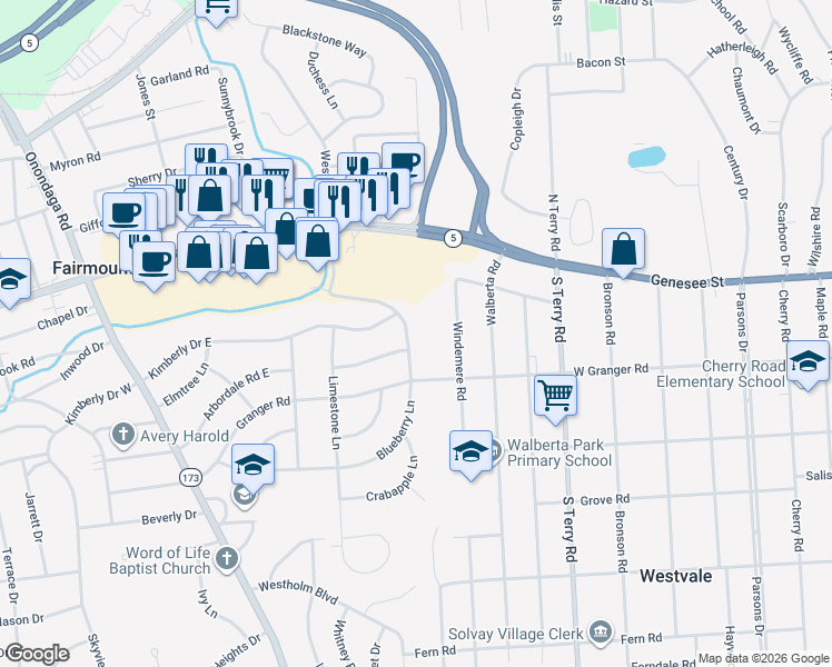 map of restaurants, bars, coffee shops, grocery stores, and more near 510 Blueberry Lane in Syracuse