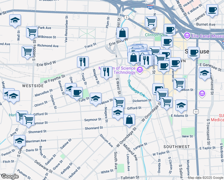 map of restaurants, bars, coffee shops, grocery stores, and more near Wyoming Street in Syracuse