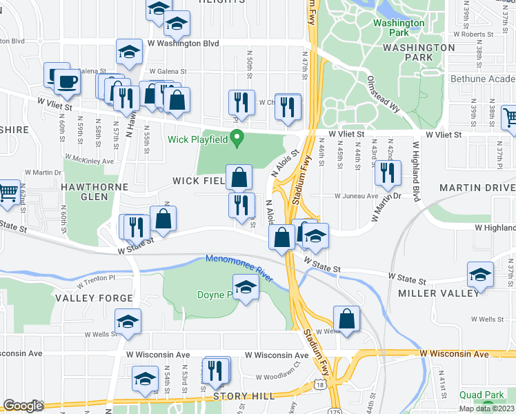 map of restaurants, bars, coffee shops, grocery stores, and more near 1144 North 50th Street in Milwaukee