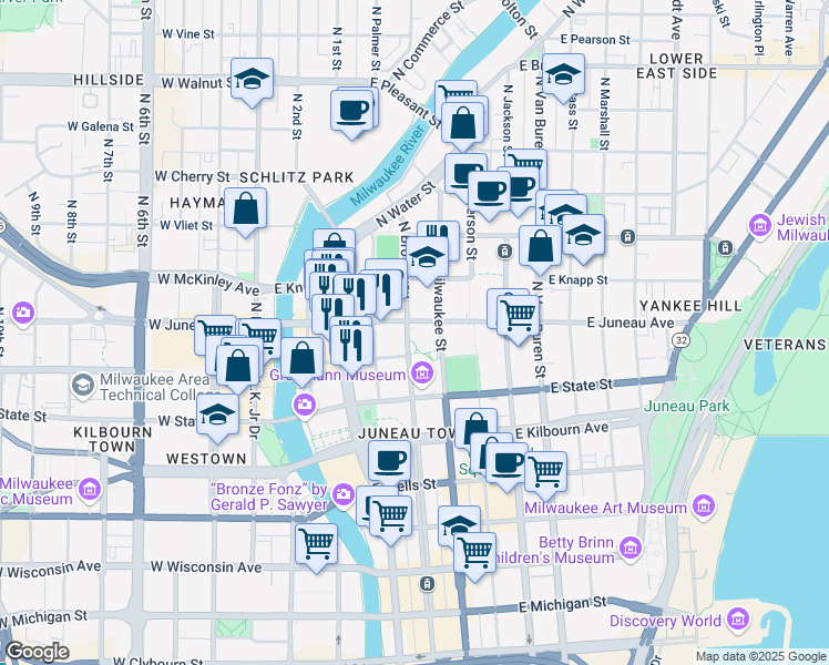 map of restaurants, bars, coffee shops, grocery stores, and more near 1120 North Broadway in Milwaukee