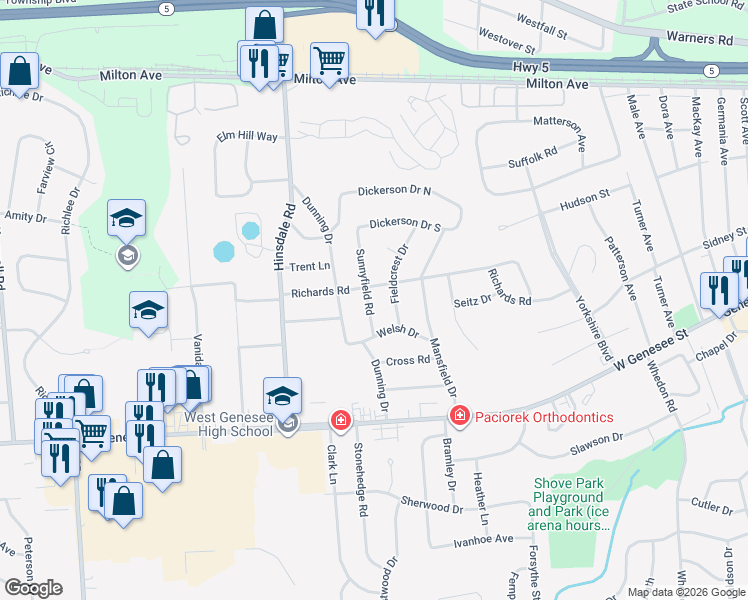 map of restaurants, bars, coffee shops, grocery stores, and more near 108 Sunnyfield Road in Camillus
