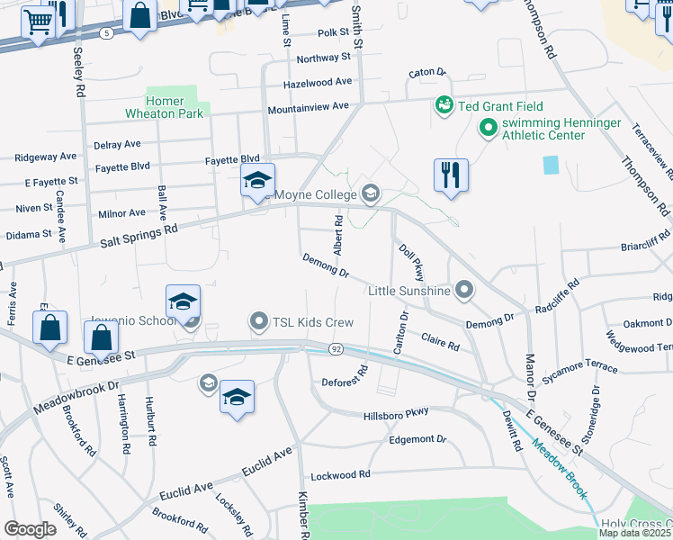 map of restaurants, bars, coffee shops, grocery stores, and more near 401 Demong Drive in Syracuse