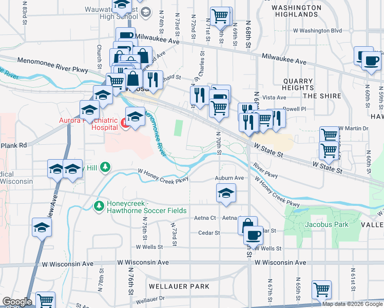 map of restaurants, bars, coffee shops, grocery stores, and more near 1168 North 72nd Street in Wauwatosa