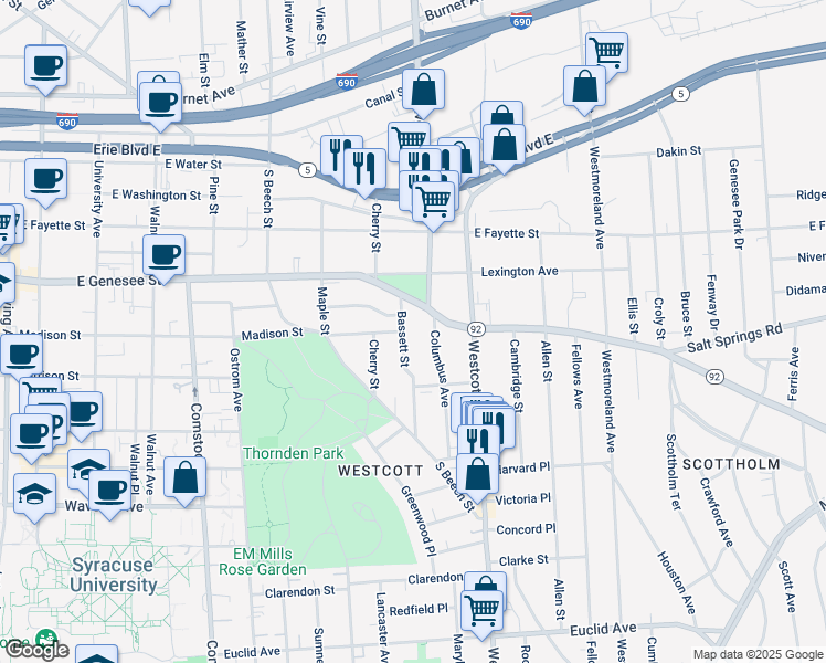 map of restaurants, bars, coffee shops, grocery stores, and more near 117 Bassett St in Syracuse