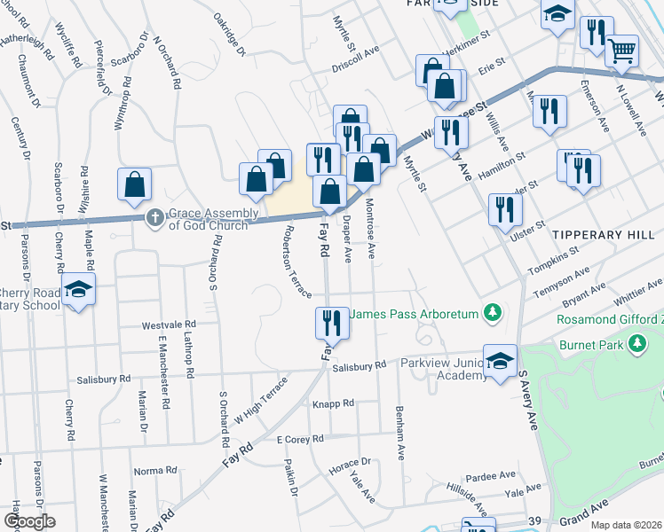 map of restaurants, bars, coffee shops, grocery stores, and more near 213 Fay Road in Syracuse