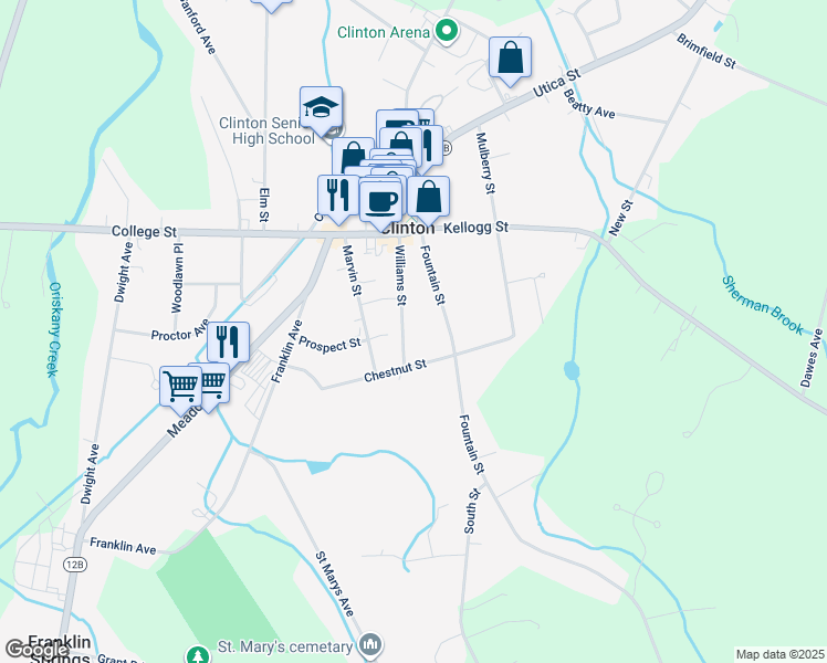 map of restaurants, bars, coffee shops, grocery stores, and more near 37 Williams St in Clinton