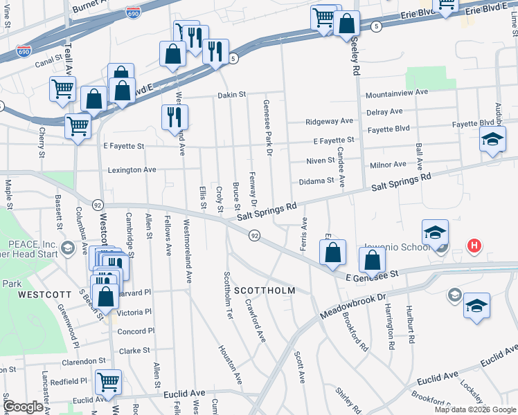 map of restaurants, bars, coffee shops, grocery stores, and more near 303 Salt Springs Rd in Syracuse