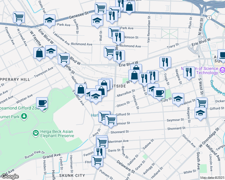 map of restaurants, bars, coffee shops, grocery stores, and more near 212 South Geddes Street in Syracuse