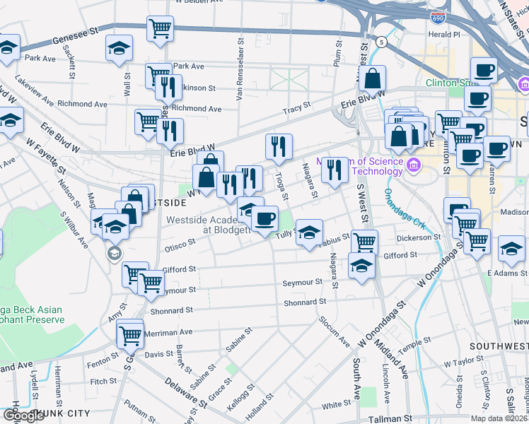 map of restaurants, bars, coffee shops, grocery stores, and more near 408 Otisco Street in Syracuse