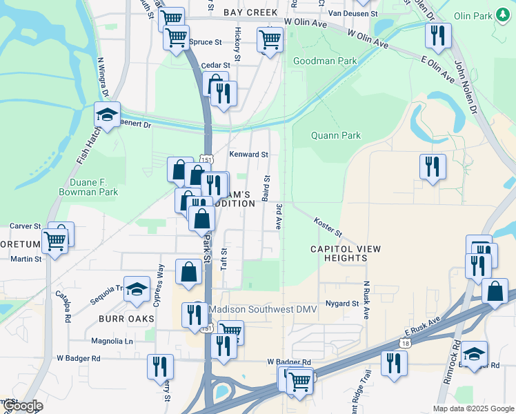 map of restaurants, bars, coffee shops, grocery stores, and more near 505 Bram St in Madison