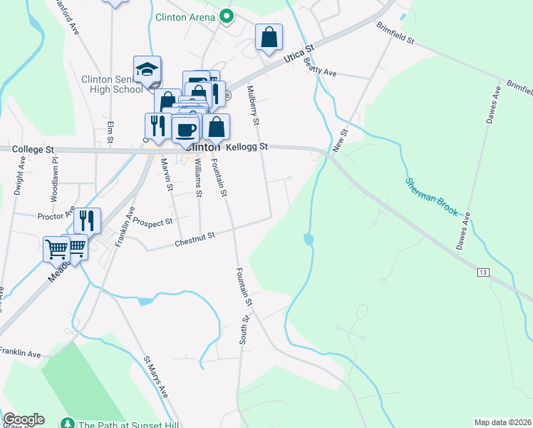 map of restaurants, bars, coffee shops, grocery stores, and more near 2 Chestnut Street in Clinton