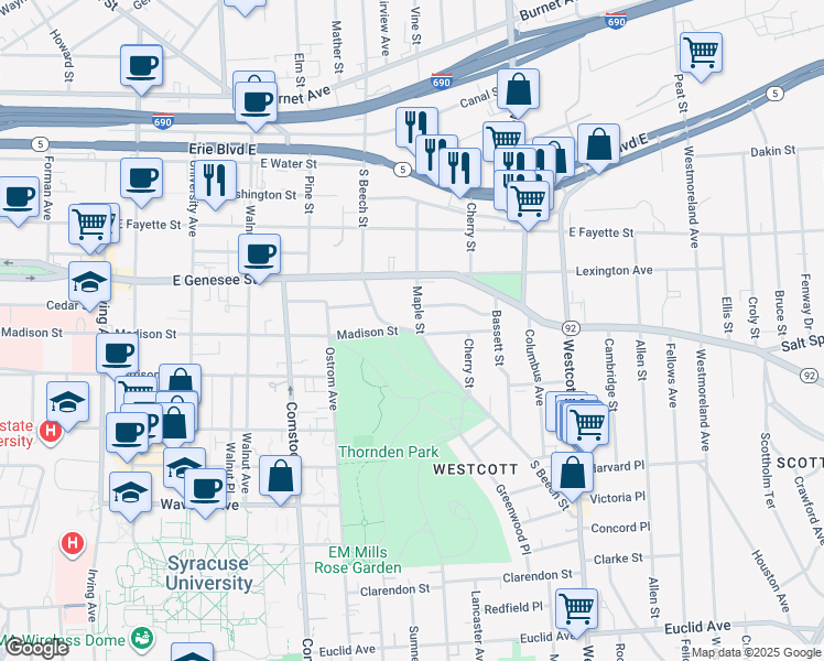 map of restaurants, bars, coffee shops, grocery stores, and more near Madison Street & South Beech Street in Syracuse