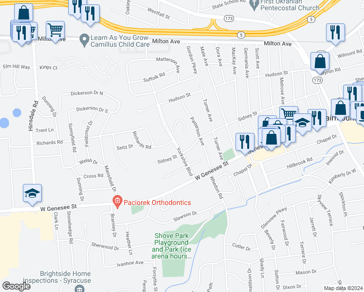 map of restaurants, bars, coffee shops, grocery stores, and more near 304 Yorkshire Boulevard in Syracuse