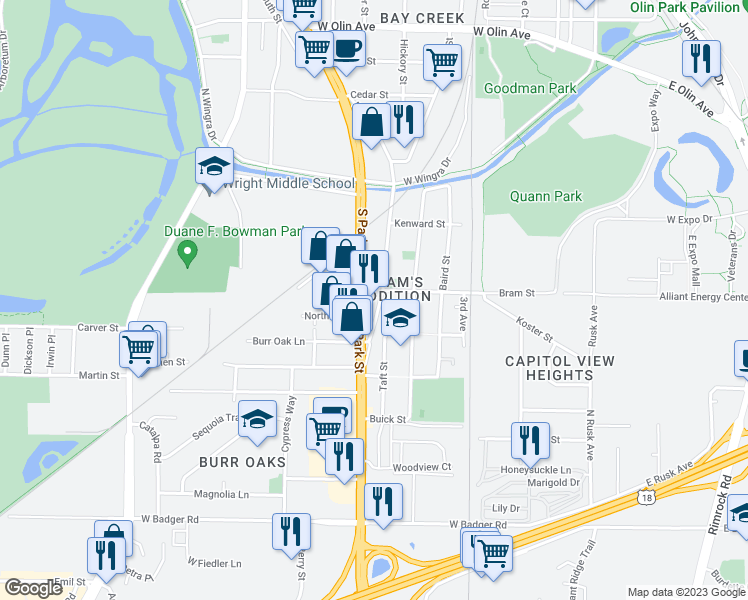 map of restaurants, bars, coffee shops, grocery stores, and more near 1901 South Park Street in Madison