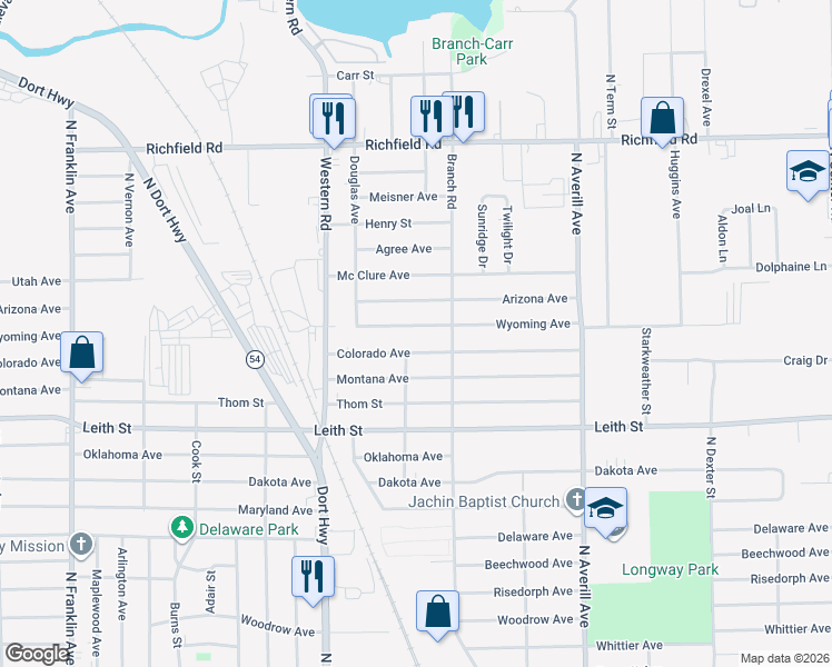 map of restaurants, bars, coffee shops, grocery stores, and more near 3006 Wyoming Avenue in Flint