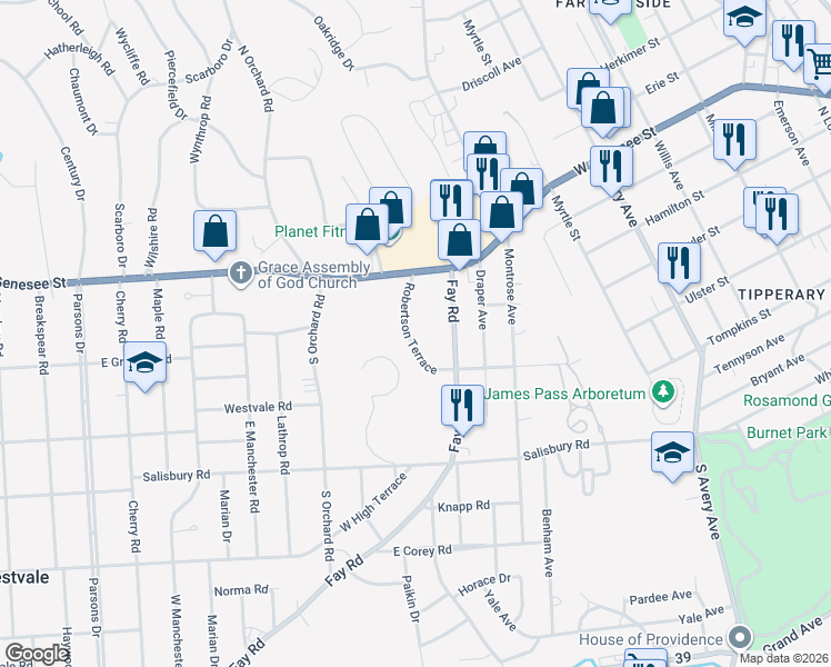 map of restaurants, bars, coffee shops, grocery stores, and more near 113 Robertson Terrace in Syracuse
