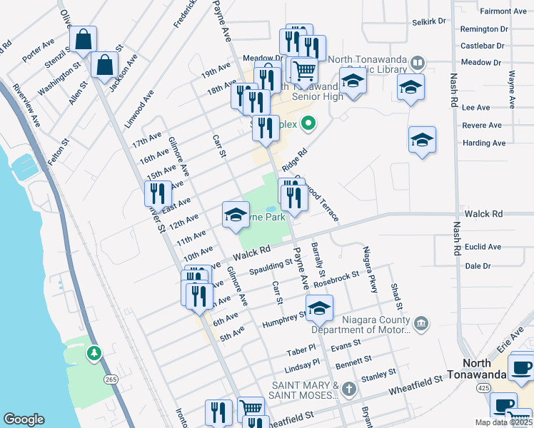 map of restaurants, bars, coffee shops, grocery stores, and more near 830 Payne Avenue in North Tonawanda