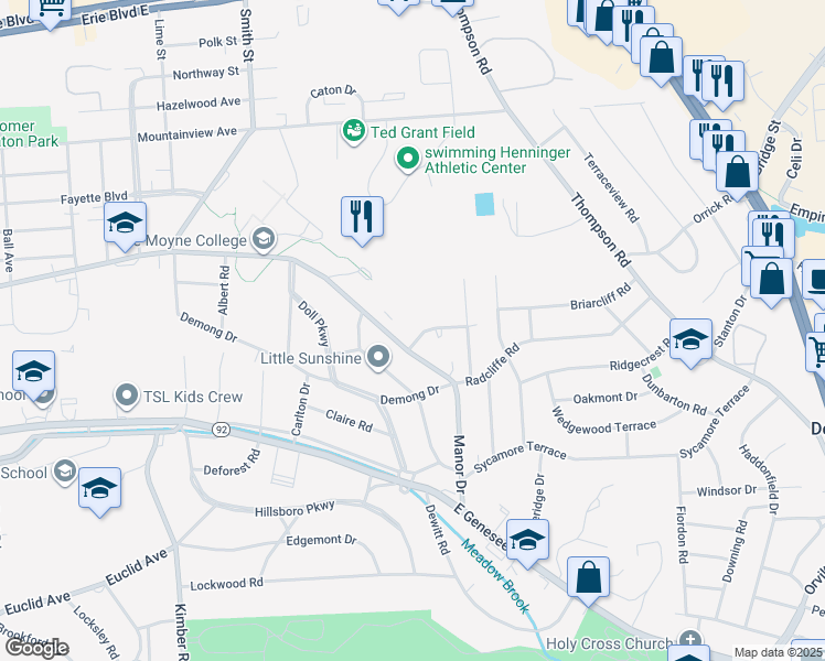 map of restaurants, bars, coffee shops, grocery stores, and more near 101 Sherbrooke Rd in Syracuse