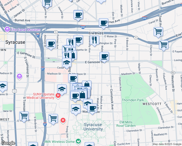 map of restaurants, bars, coffee shops, grocery stores, and more near 917 Madison Street in Syracuse